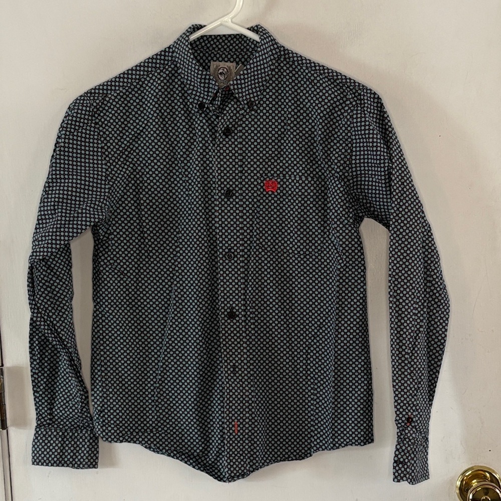 Cinch black aqua red long sleeve button down western shirt Size 12